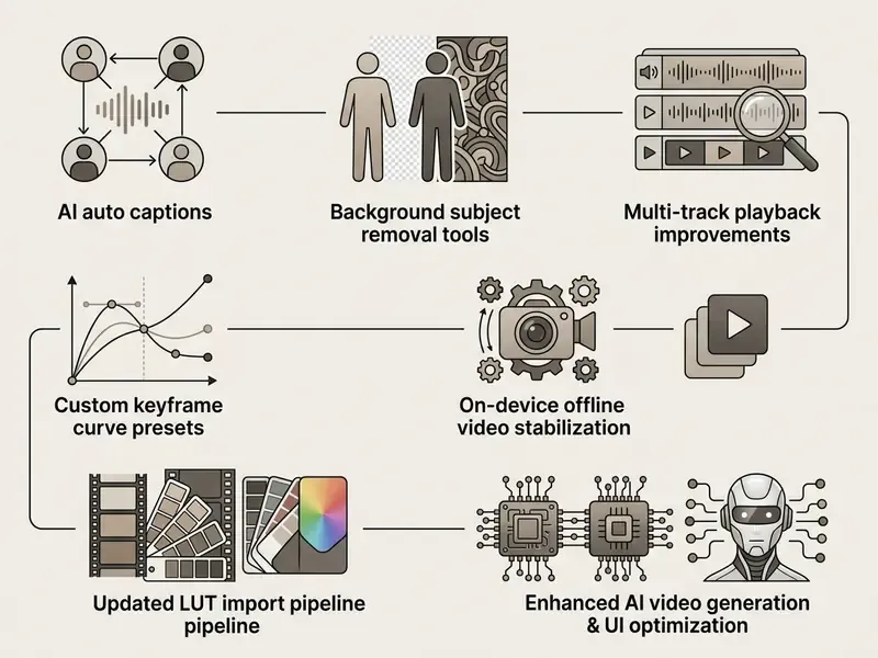 Sequence of icons depicting AI captions, background removal, playback, keyframes, stabilization, and LUTs