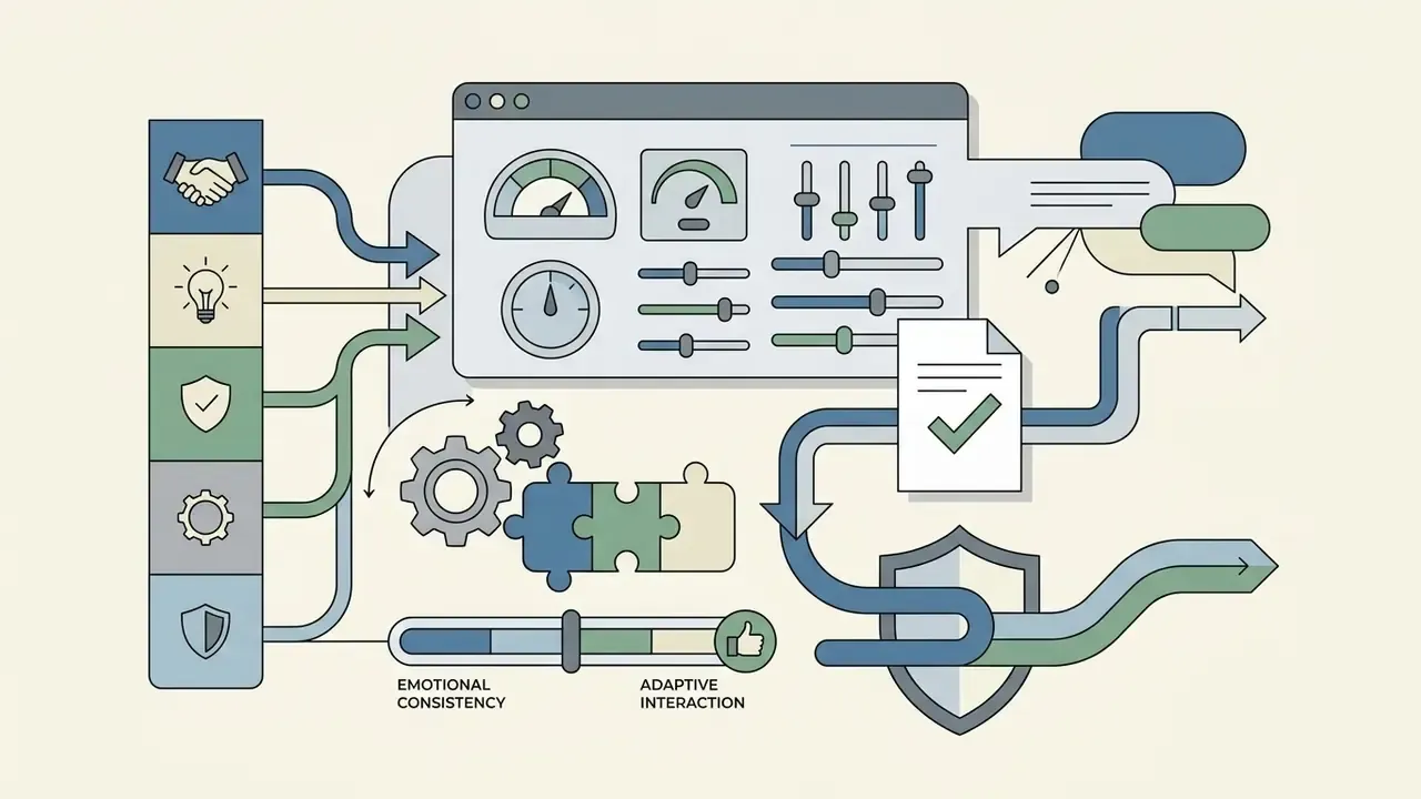 Icons feeding into a control panel with sliders and gears to manage relationship consistency and interaction