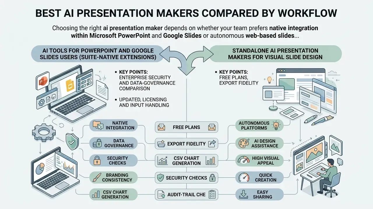 Comparison diagram showing suite-native extensions versus standalone AI presentation maker platforms
