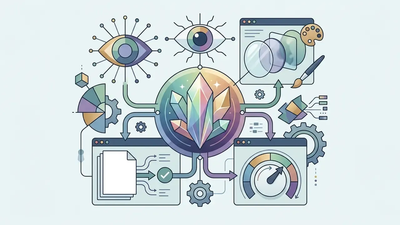 Central crystal icon connected to digital windows showing color palettes, design tools, and data processing