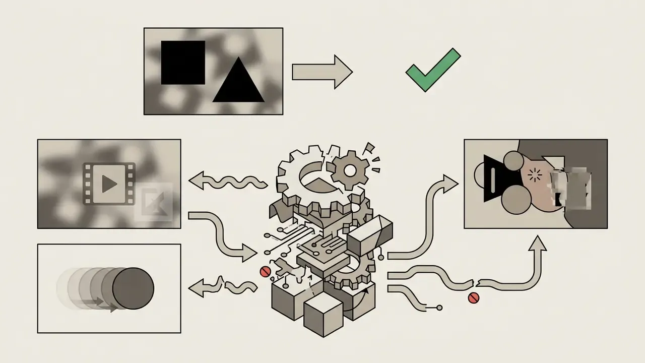 Diagram showing complex video elements passing through a central gear mechanism with some paths blocked