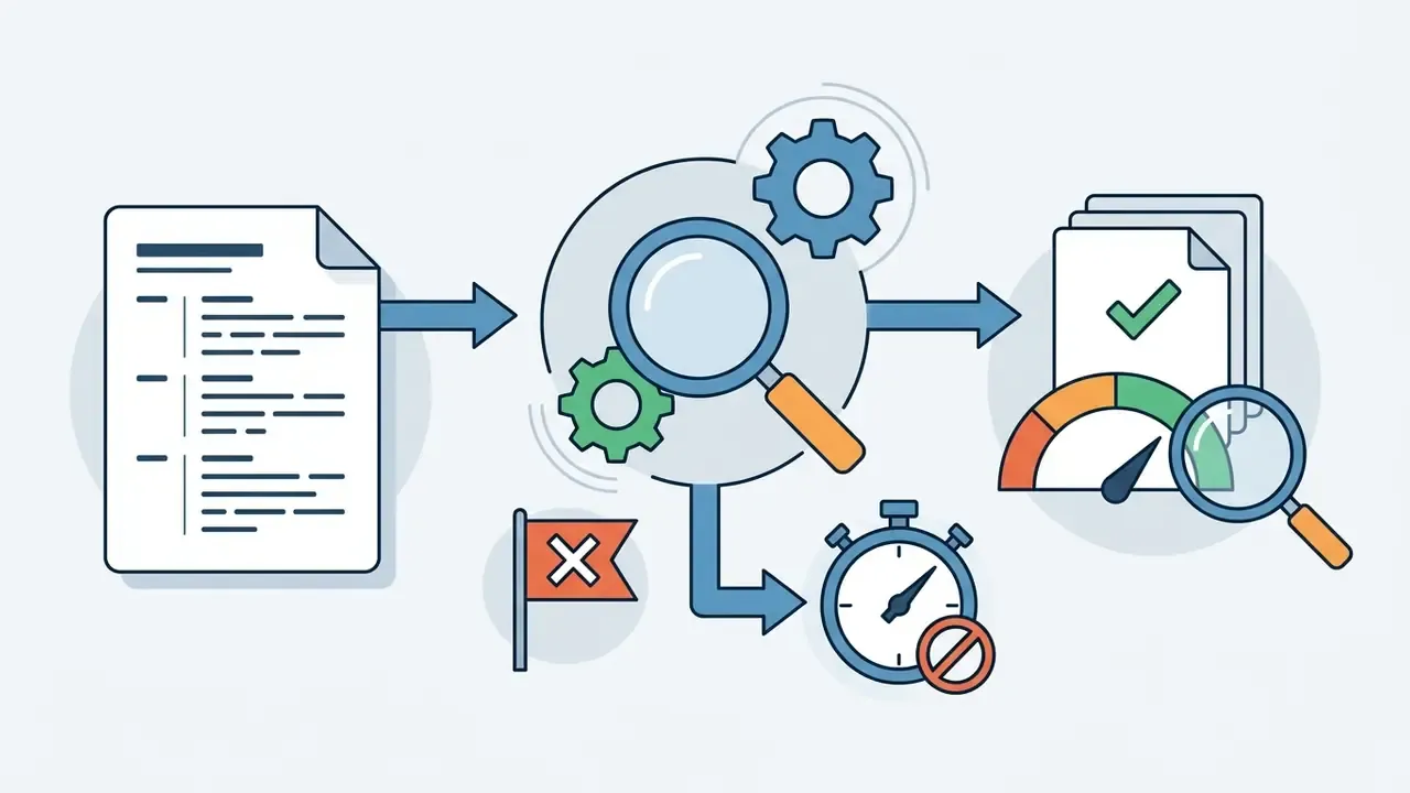 Document moving through a magnifying glass and gears toward a status check with a timer and error flag