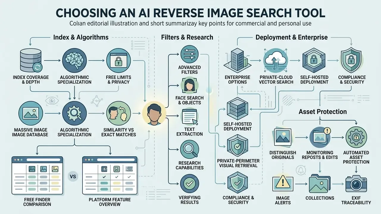Visual guide outlining decision criteria for selecting visual retrieval software and deployment models