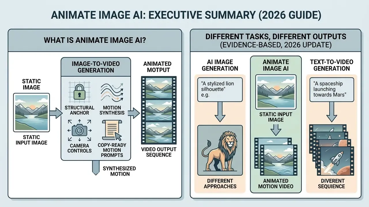 Infographic comparing image-to-video generation processes with text-to-video and static image creation