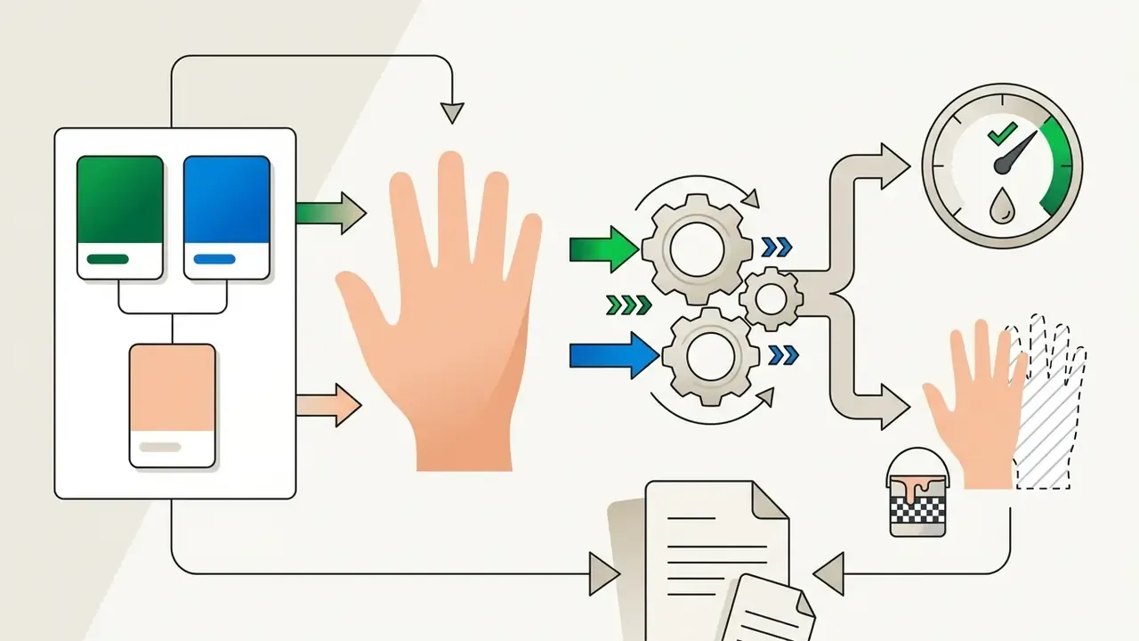 Green and blue color separation process involving a human hand and mechanical gears to isolate subjects