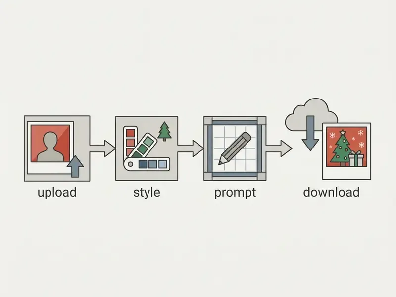 Four sequential icons showing the process of using an AI christmas photo generator to create images