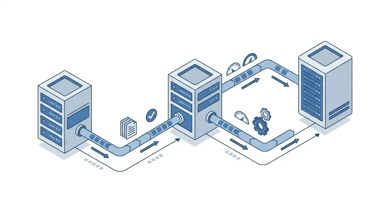 Isometric view of three server towers connected by pipes with gears, gauges, and document icons