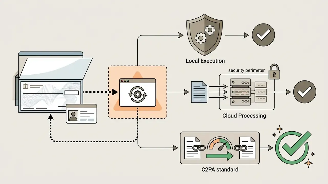 Process flow showing sensitive documents moving from local devices to local execution, cloud, or C2PA workflows