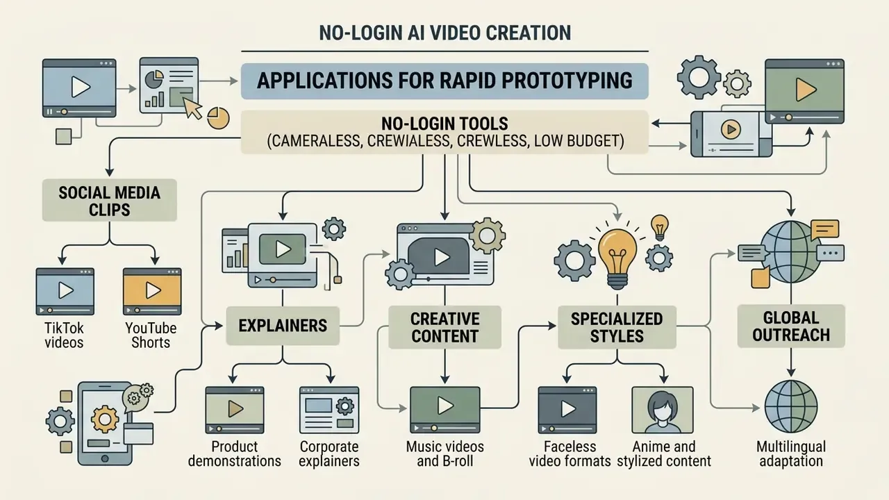 Flowchart displaying various creative use cases for text to video AI tools without requiring a user login