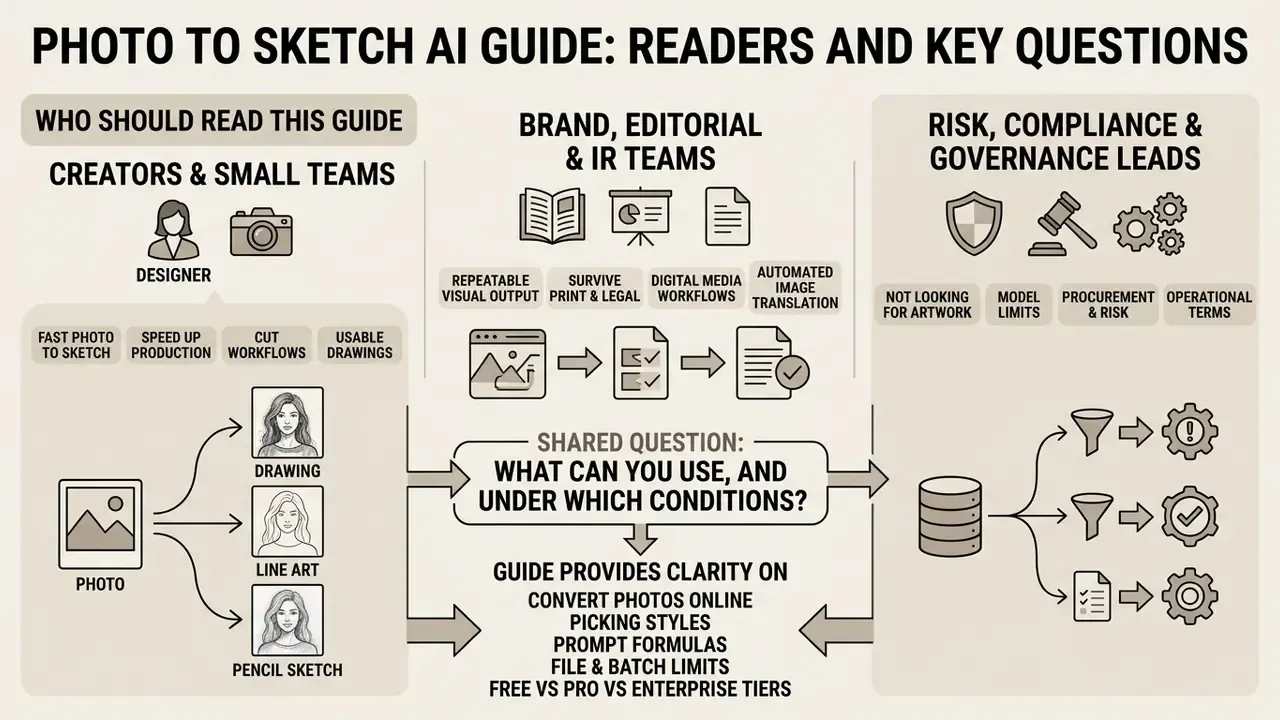 Infographic outlining three reader groups for a photo to sketch AI guide and their primary objectives