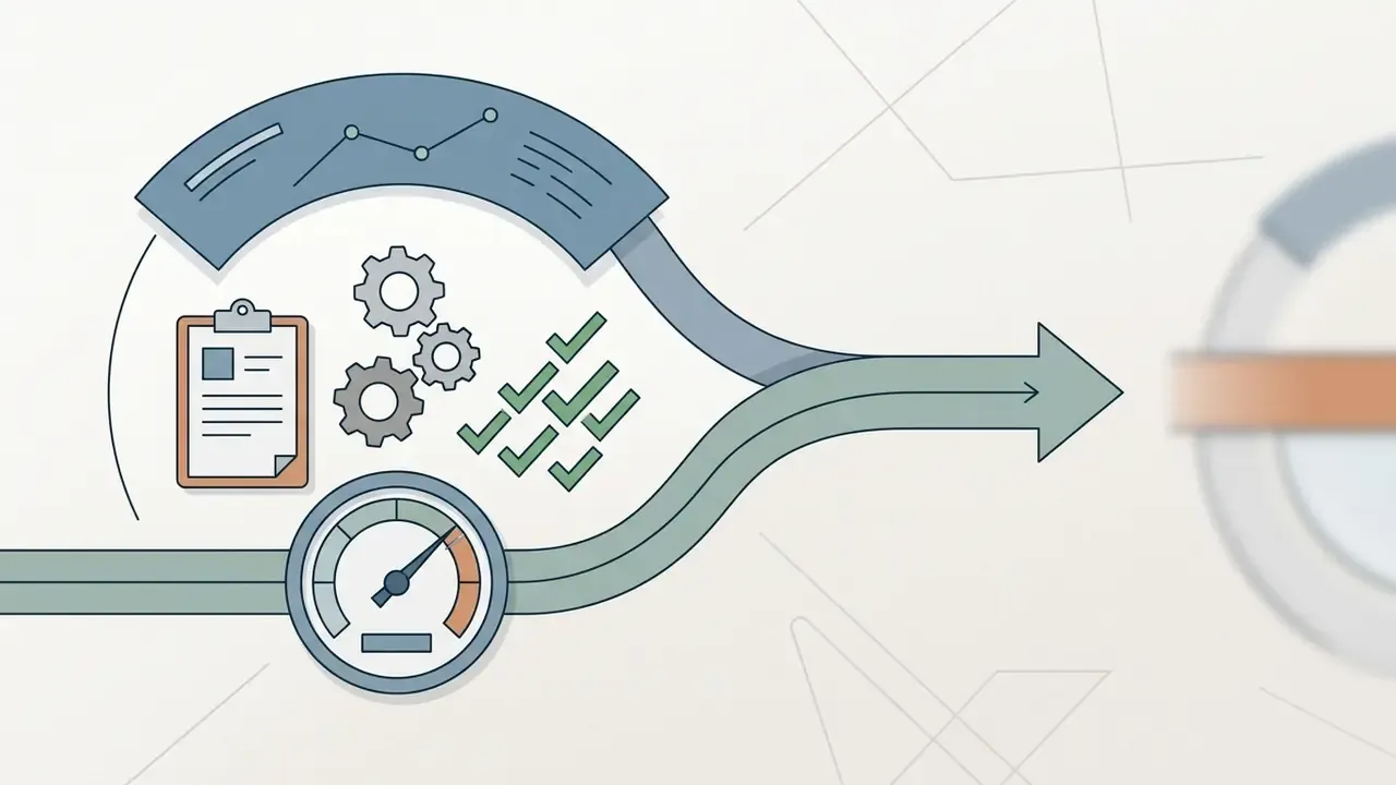 Icons representing data tracking, task management, and performance metrics merging into a single path