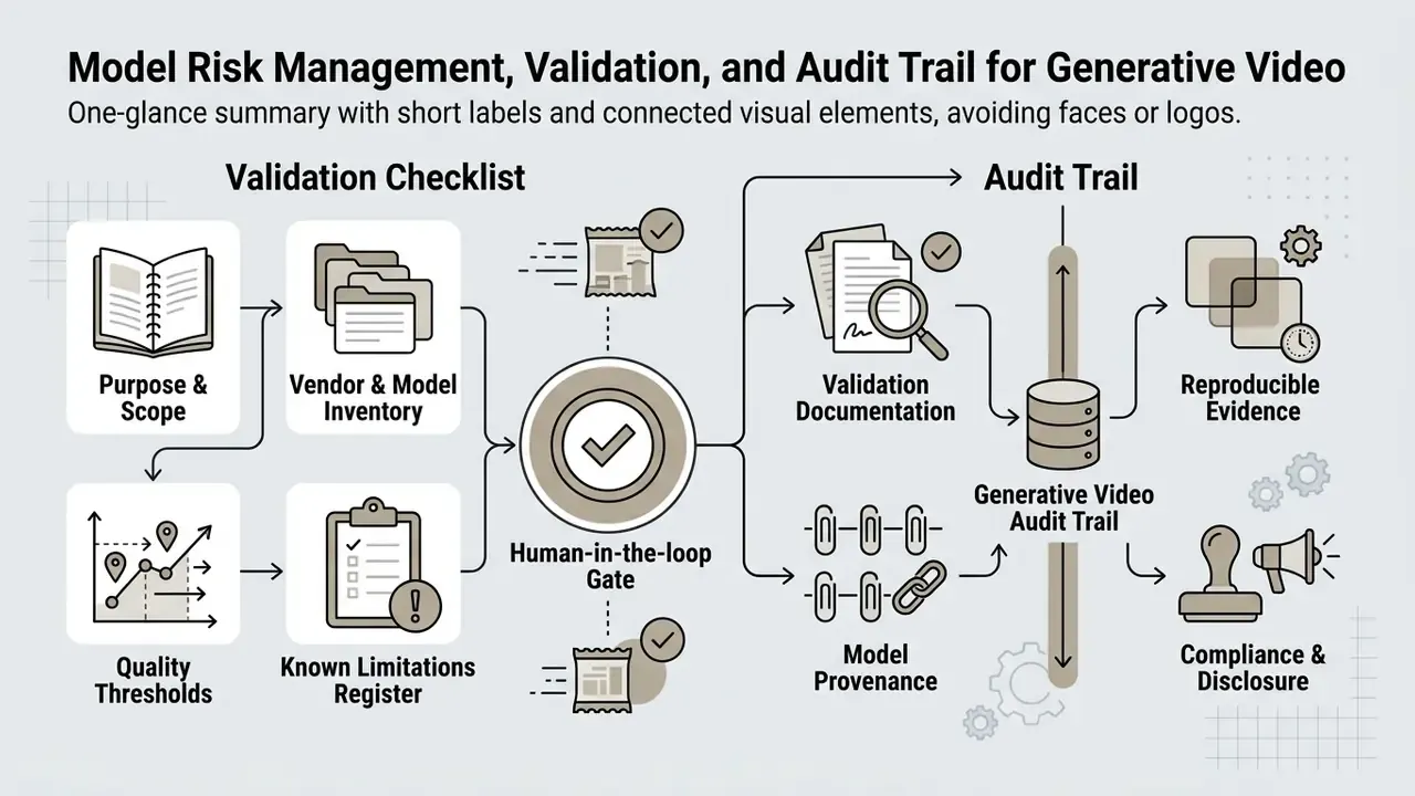 Flowchart showing validation steps and audit trail requirements for generative video model governance