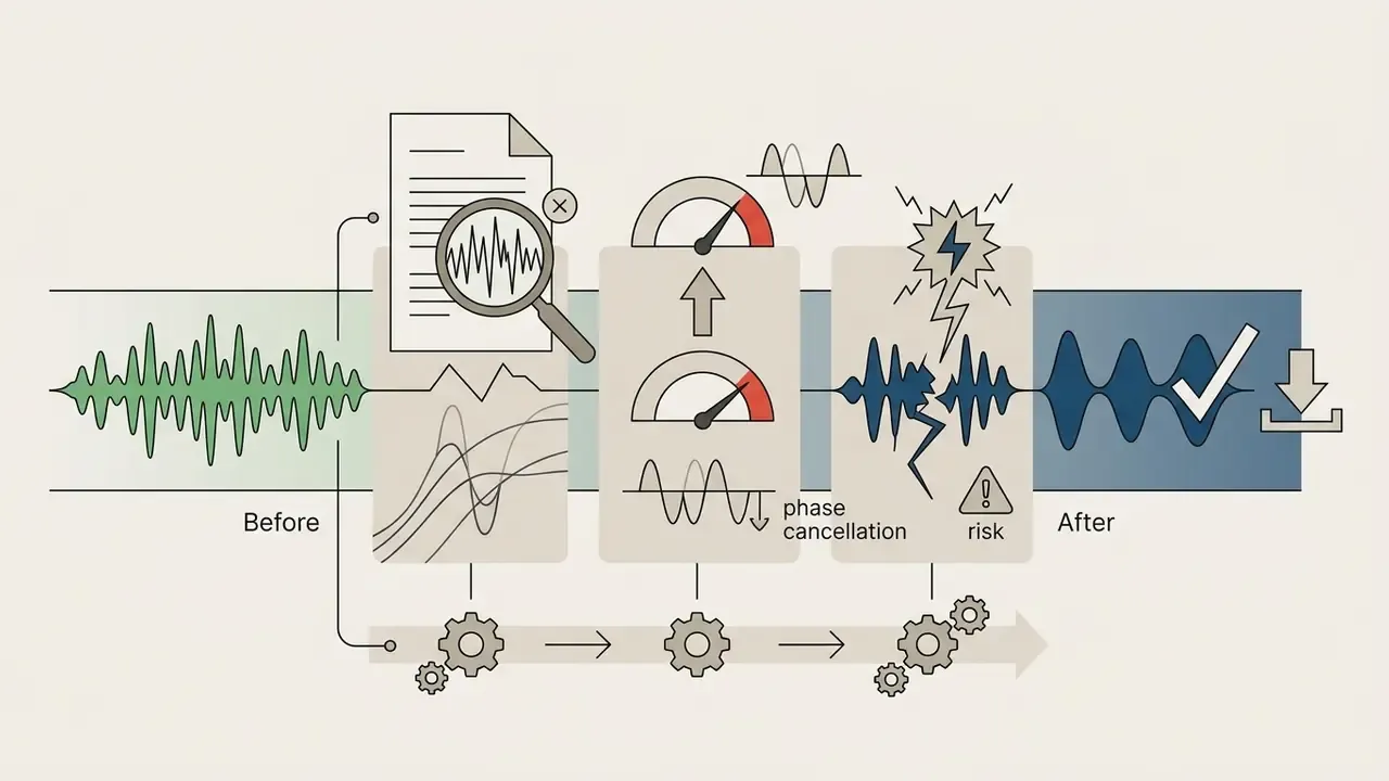 Diagram showing audio quality assessment steps including waveform analysis, signal monitoring, and error checks