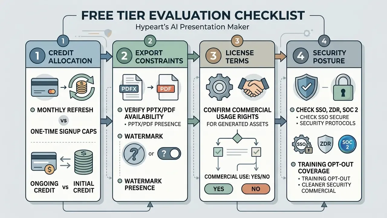 Four-step evaluation checklist for software credits, export formats, commercial licenses, and security