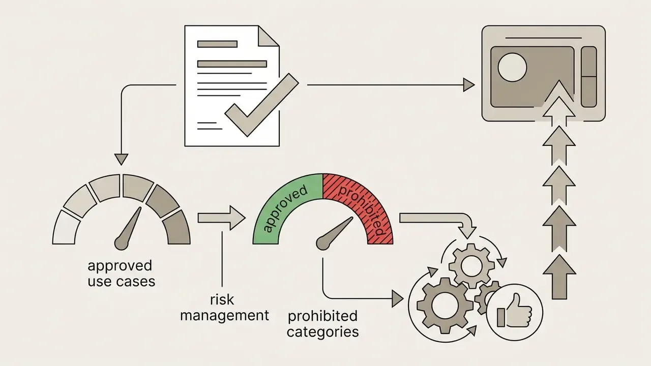 Document with a checkmark and gauges indicating approved use cases and risk management categories