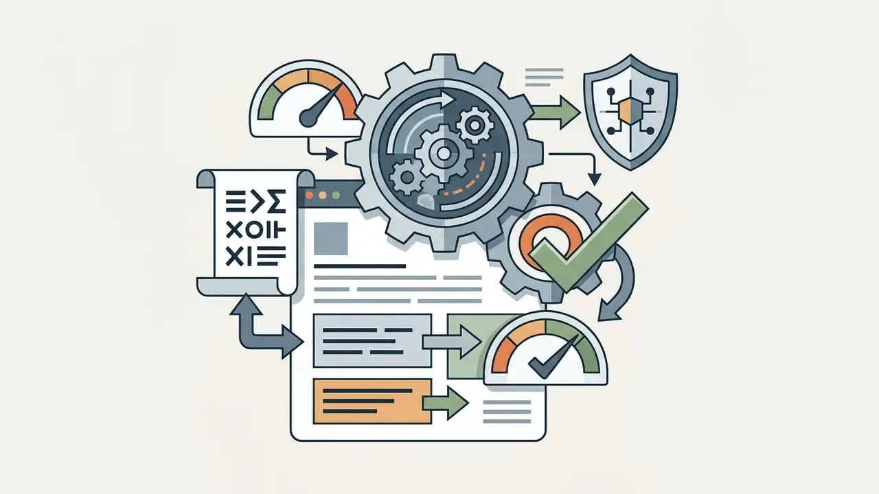 Document with gears, gauges, and a shield icon representing automated rule processing and verification