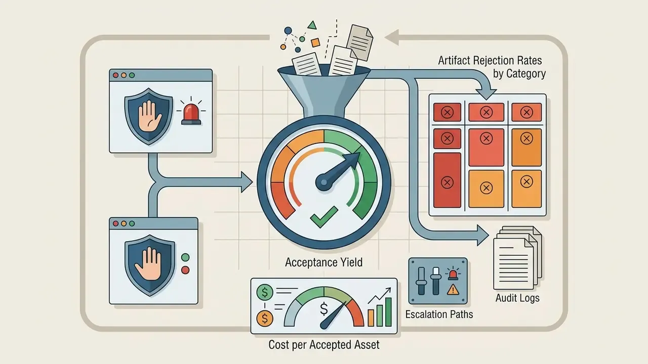Process flow showing acceptance yield metrics, artifact rejection categories, and cost tracking