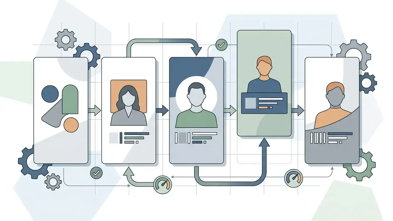 Vertical mobile frames showing employee profile layouts connected by arrows and mechanical gear icons