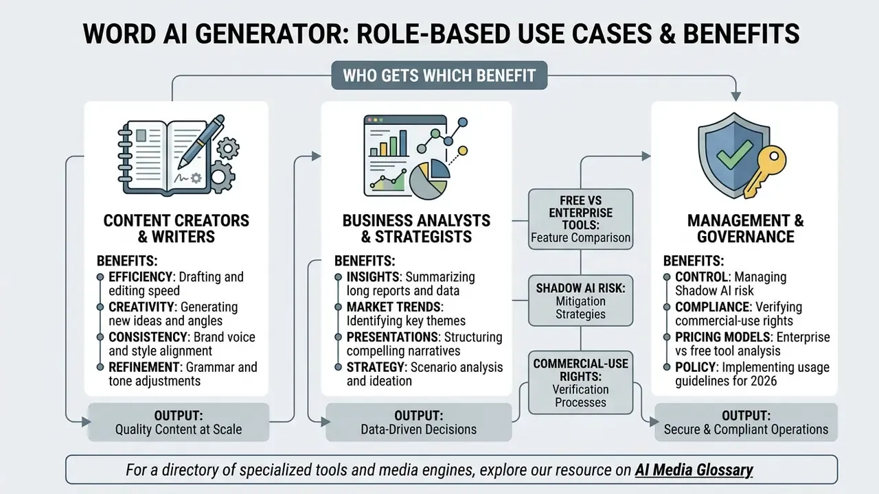 Diagram detailing specific advantages and operational outcomes for writers, analysts, and management teams