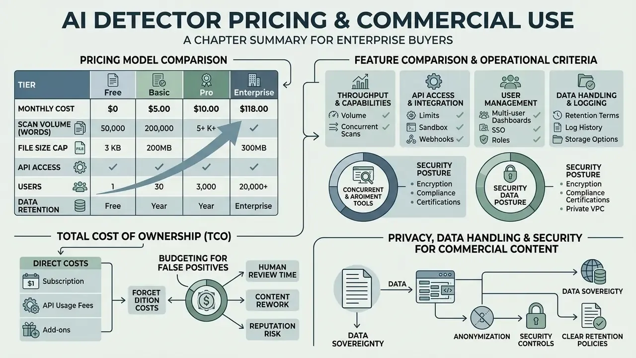 Infographic comparing pricing tiers, operational features, and total cost factors for enterprise software