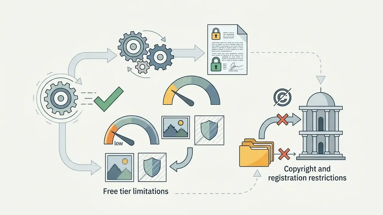Visual path showing how free tier limitations and low resolution images impact copyright registration
