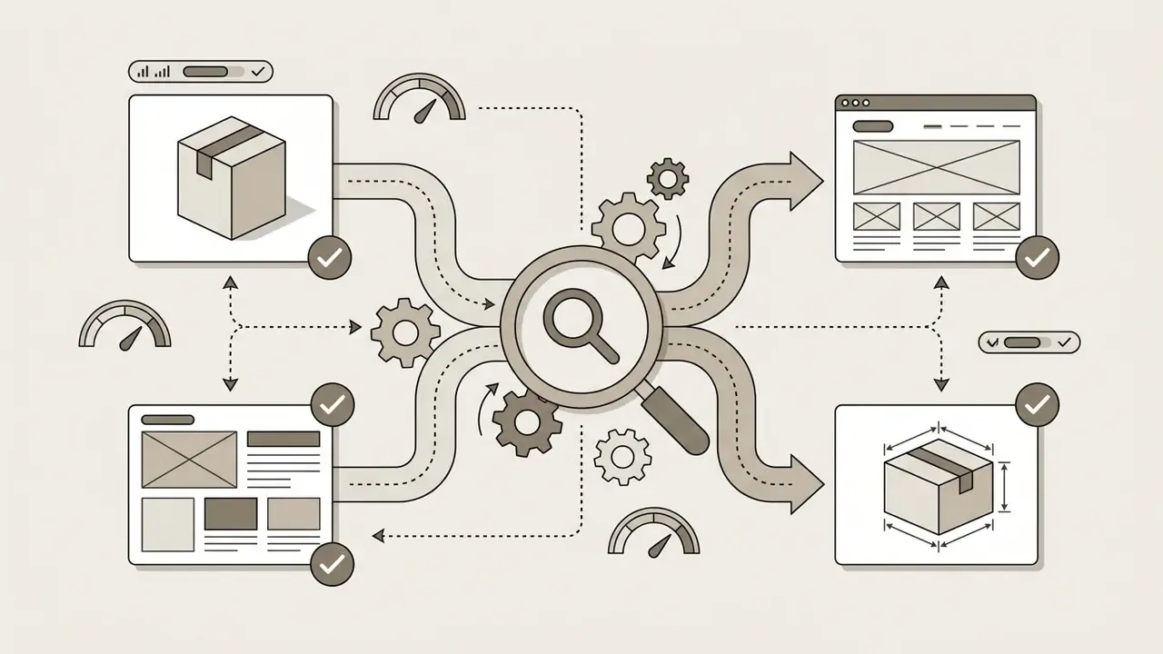 Magnifying glass at the center of gears connecting packaging and interface design concepts