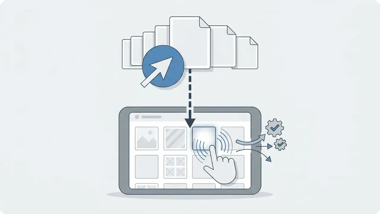 Cursor selecting a file from a cloud stack to open it within a tablet gallery interface