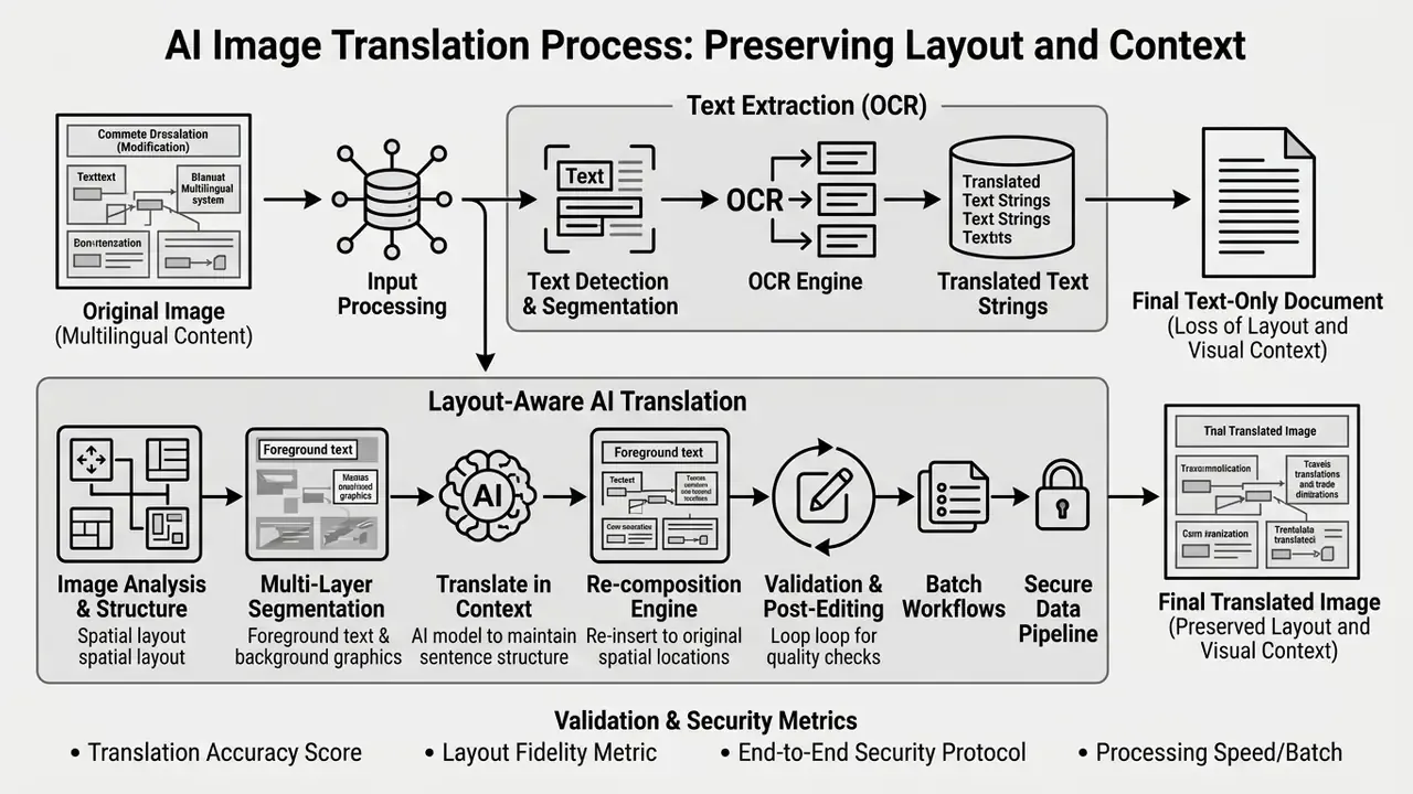 Flowchart comparing text-only extraction with a layout-aware AI image translator pipeline