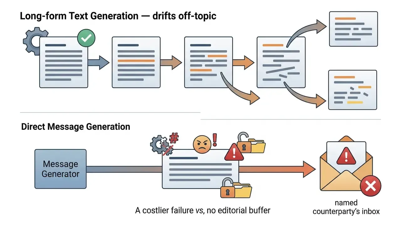 Comparison showing long-form text drifting off-topic versus direct messaging failures reaching an inbox