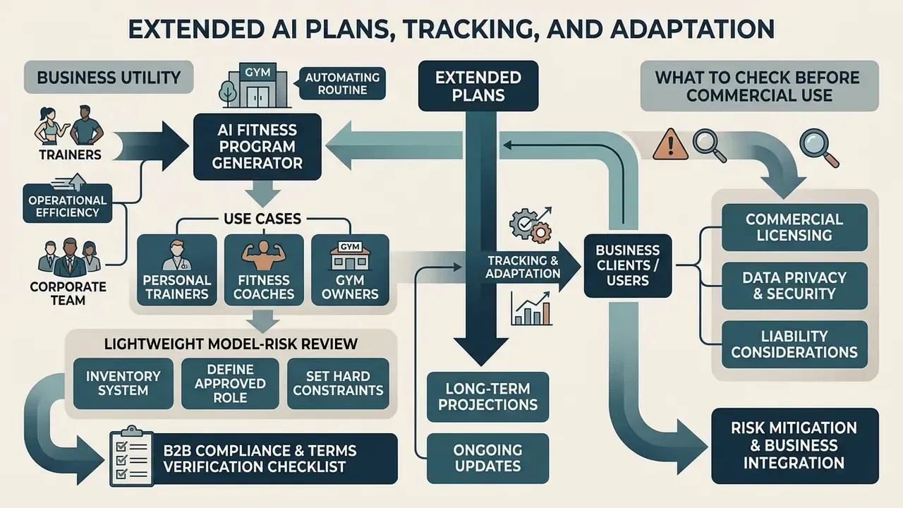 Flowchart mapping the operational workflow, risk management, and commercial compliance for fitness software