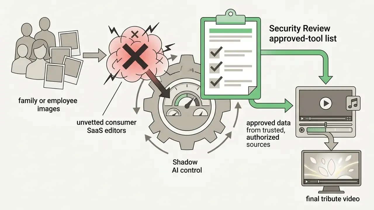 Flowchart showing how security reviews redirect media from unvetted editors to authorized production tools