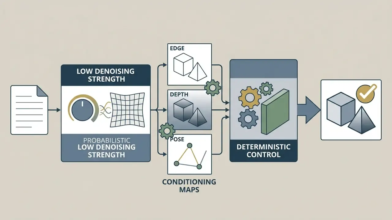 Comparison of probabilistic denoising versus deterministic conditioning maps for AI image generation