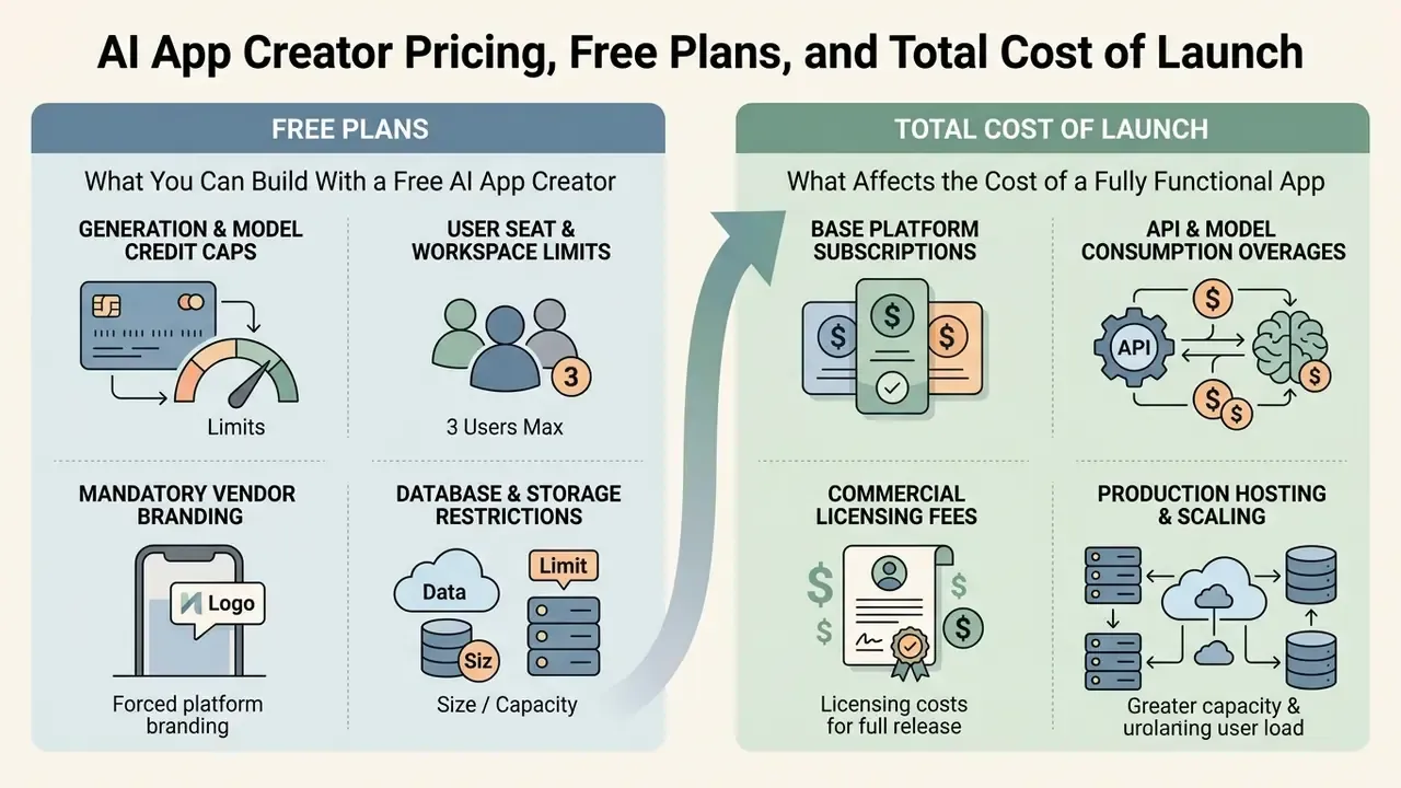 Comparison infographic detailing free plan limitations versus commercial costs for ai app creation