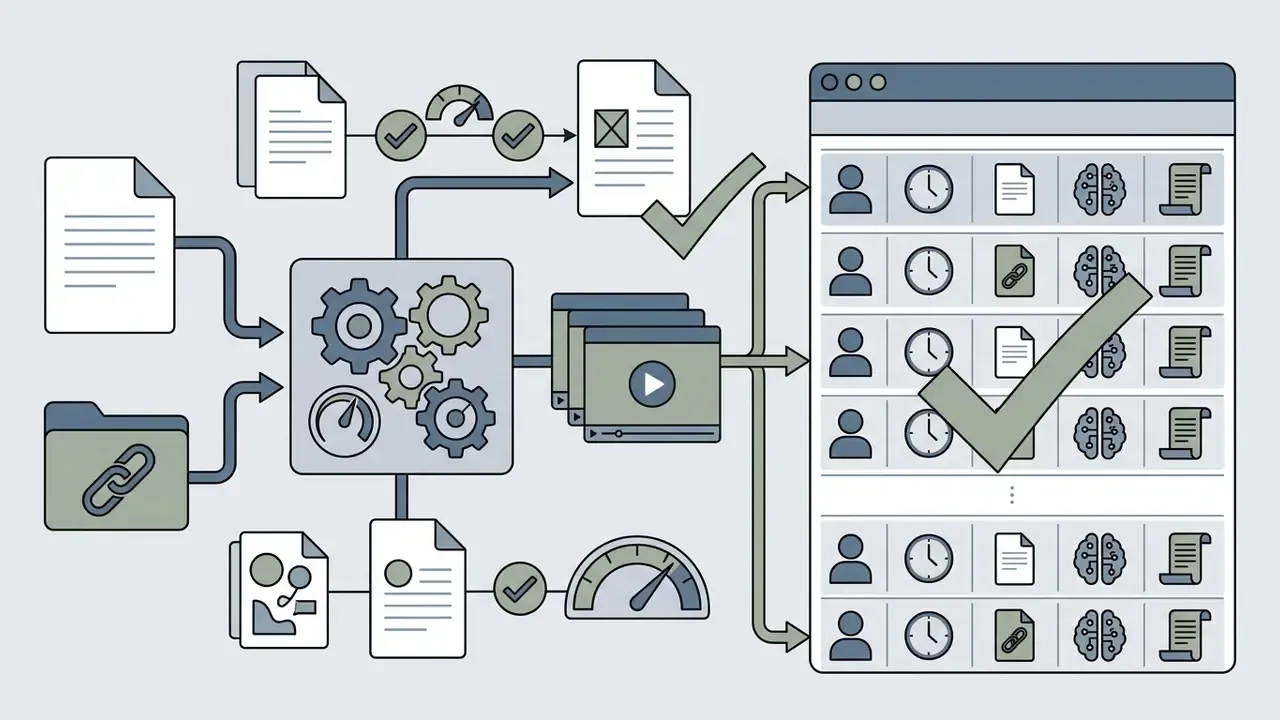 Data inputs flowing through a processing engine to create a detailed audit log of media generations