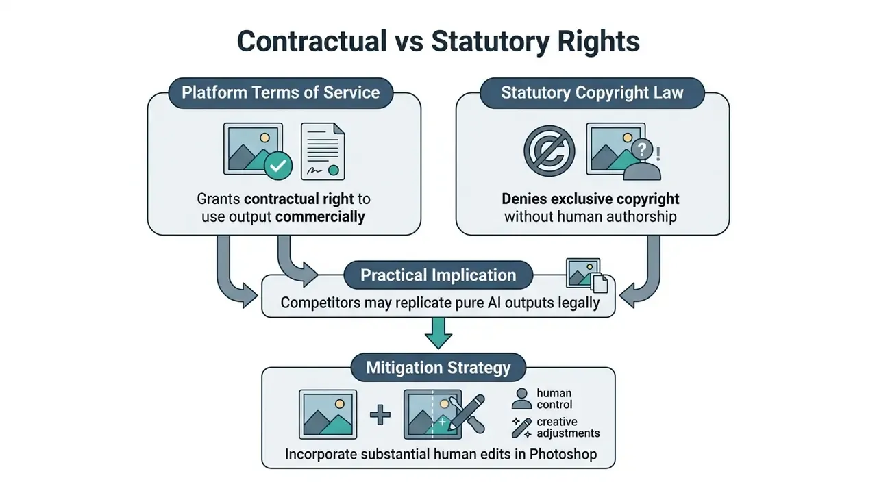 Conceptual map linking platform terms and copyright law to practical risks and human editing strategies