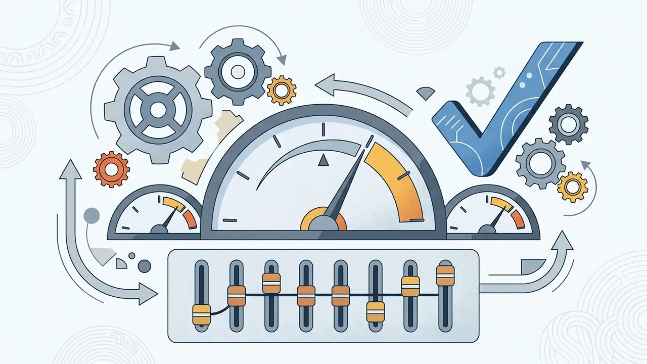 Audio mixing sliders positioned below three gauges and gears with a large blue checkmark