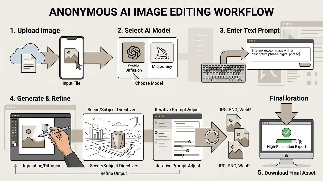 Flowchart showing the five steps of an anonymous AI image editing process from upload to final download
