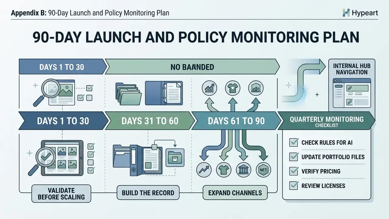 Timeline showing three phases for managing AI generated artwork platforms with a quarterly review checklist