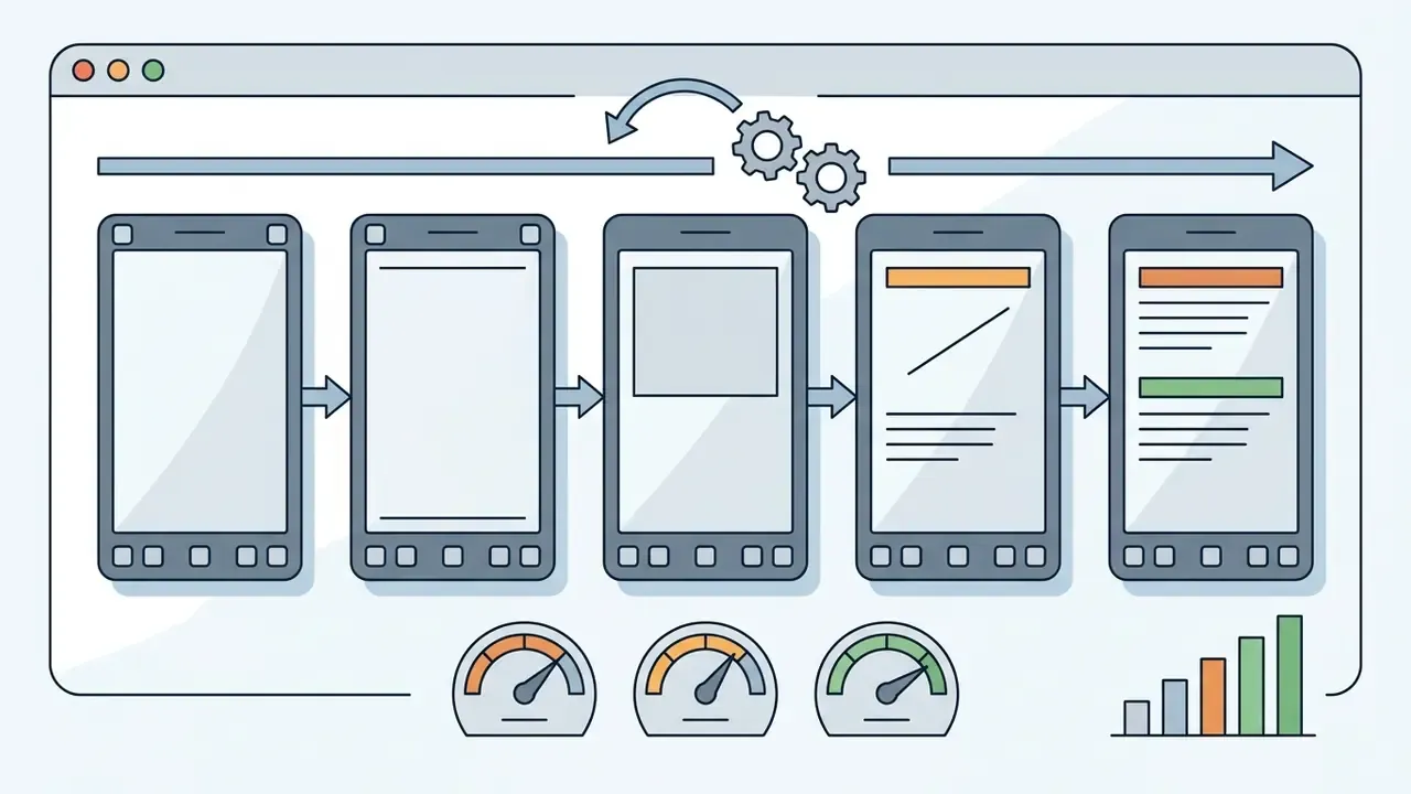 Five vertical screens in a sequence showing content progression with speed gauges and a bar chart below