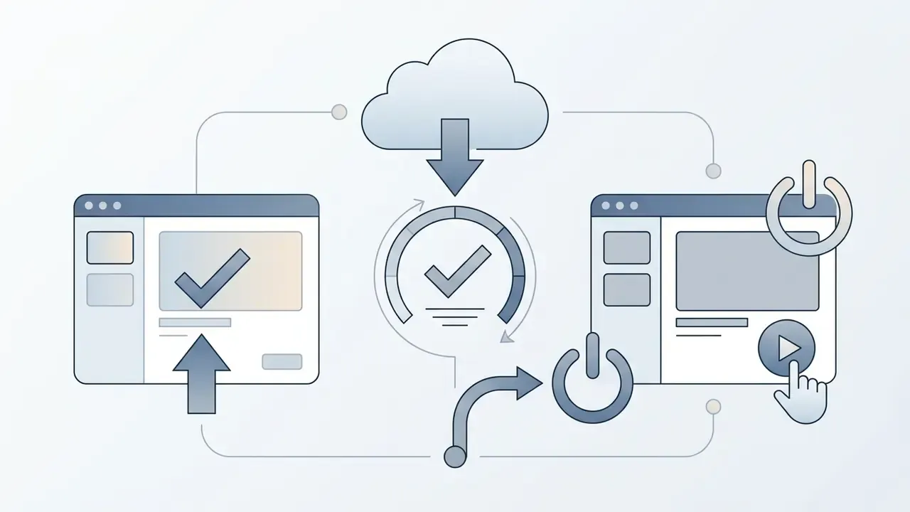 Cloud icon connecting browser windows to represent file downloading and presentation activation