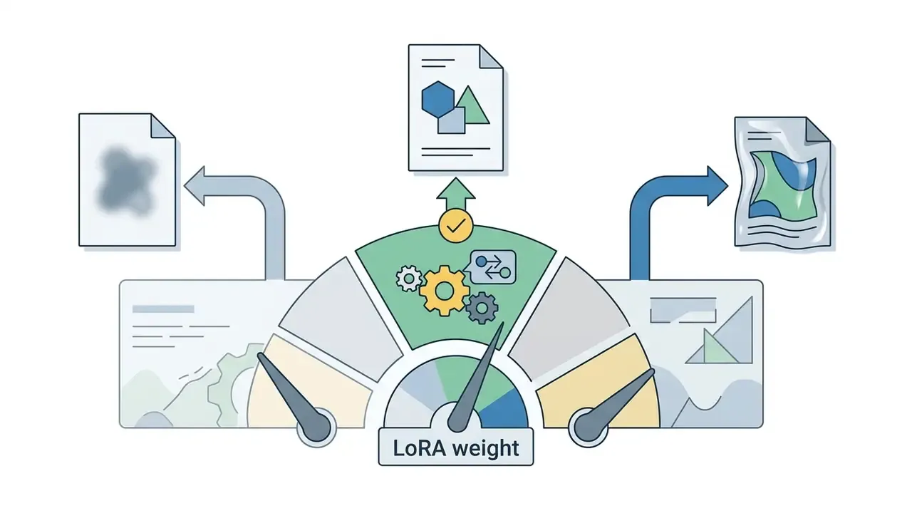 Gauge showing LoRA weight settings with pointers indicating low, optimal, and high output quality levels