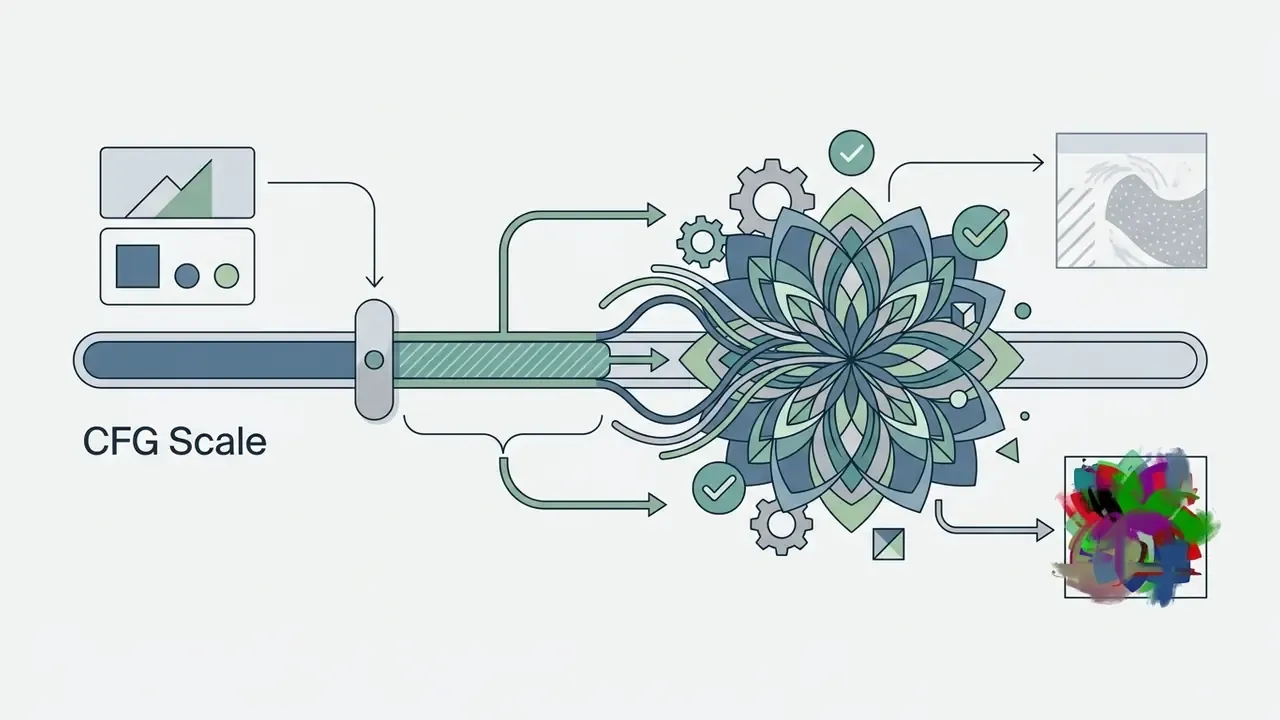 Slider controlling a CFG Scale mechanism that processes input data into either a structured or abstract image