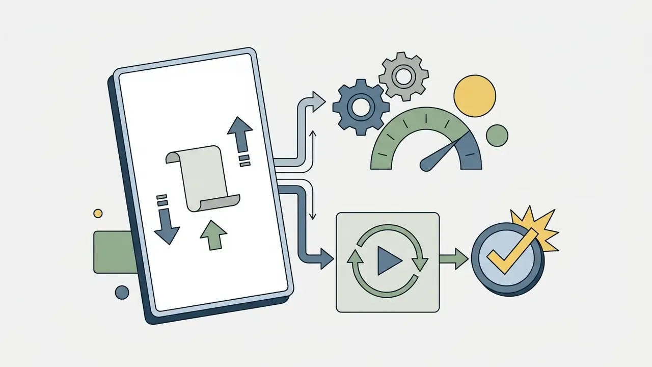 Smartphone showing file movement leading to gear mechanisms, a speed gauge, and a final checkmark icon