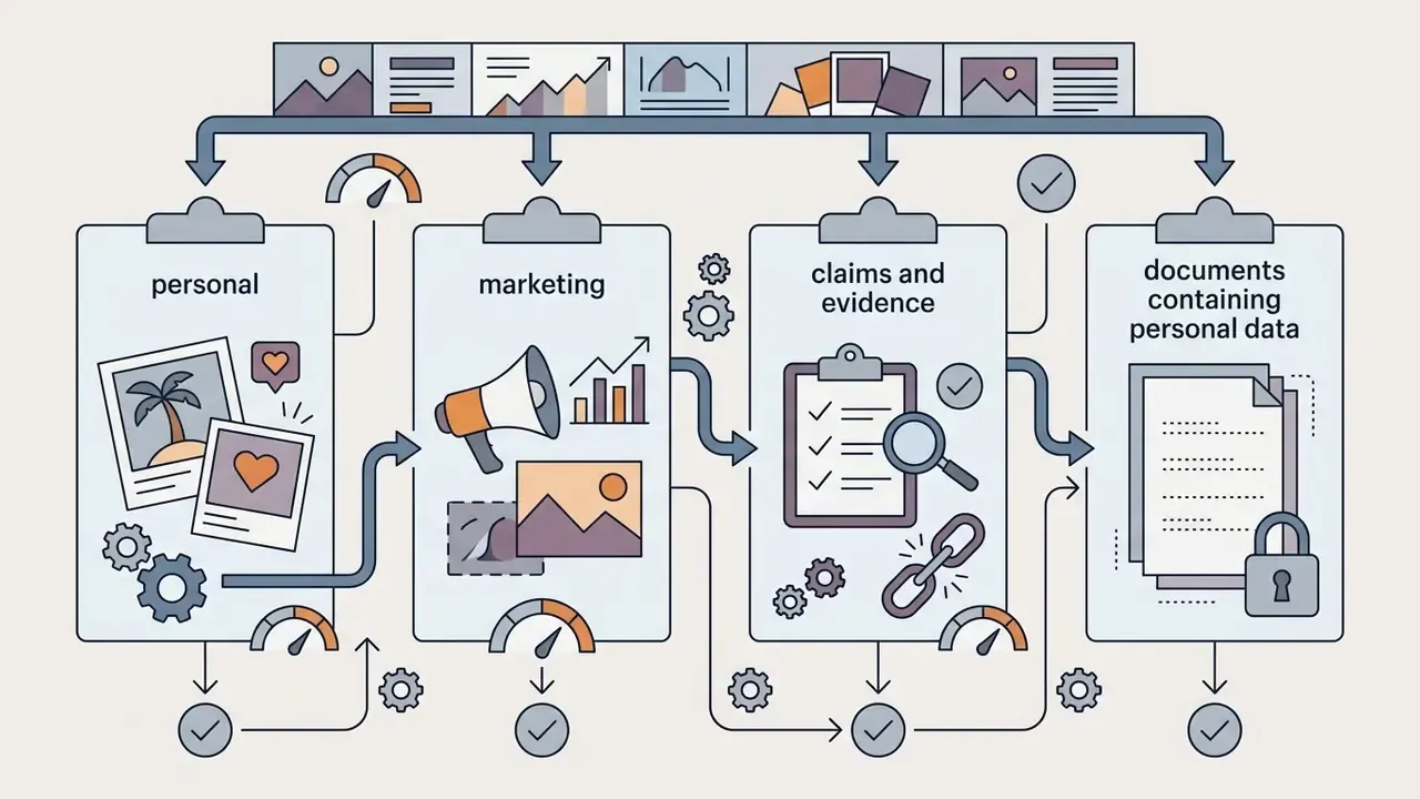 Four clipboards categorizing image types into personal, marketing, claims and evidence, and personal data