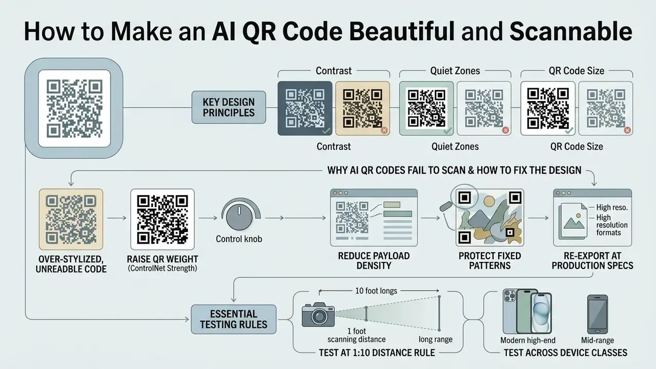 Infographic outlining design principles, troubleshooting steps, and testing rules for functional QR codes