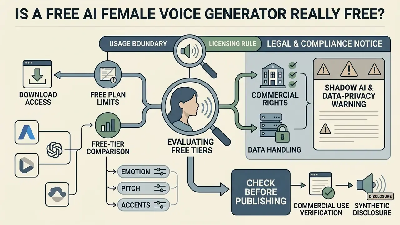 Diagram evaluating usage boundaries and licensing rules for a free AI female voice generator