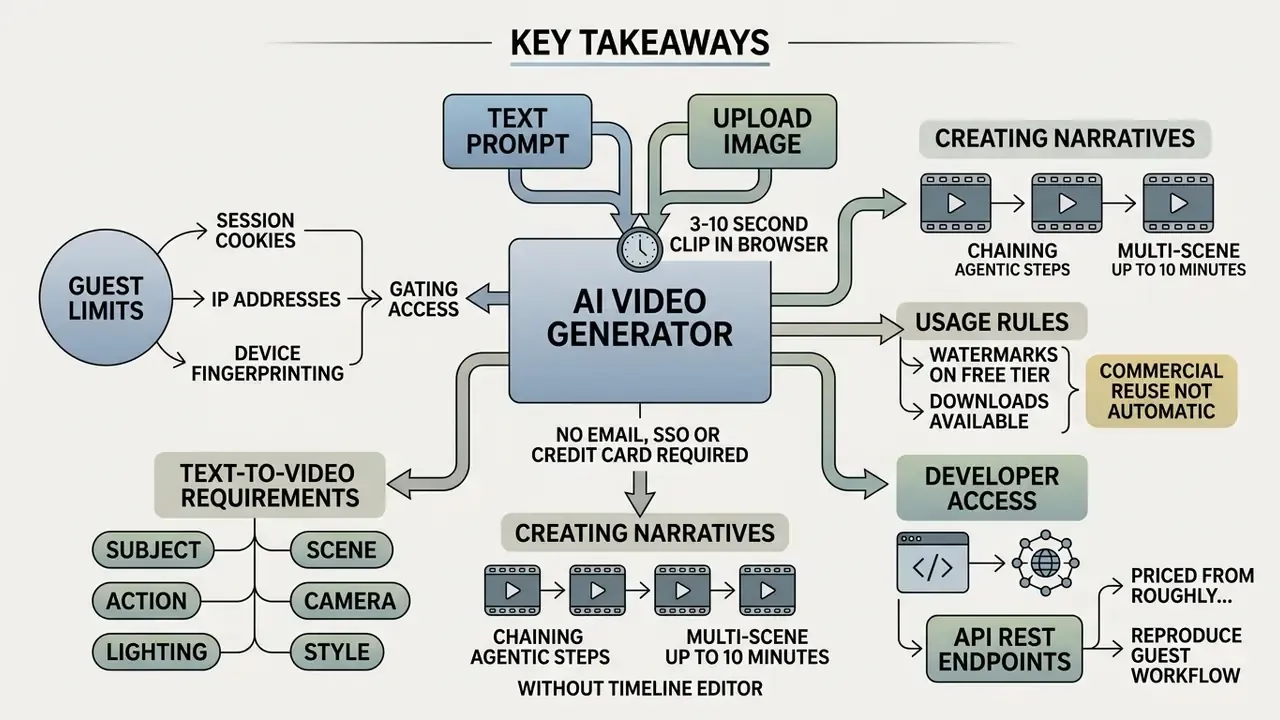 Flowchart showing how an AI video generator works without requiring sign up for guest access