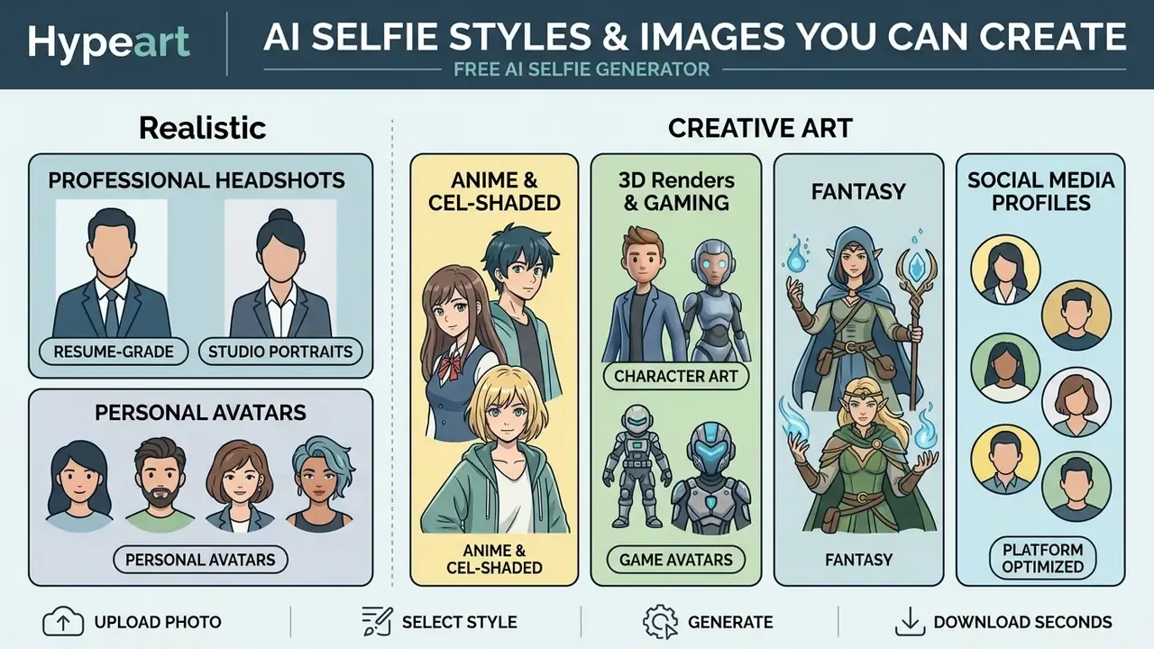 Infographic displaying various portrait styles ranging from professional headshots to fantasy avatars