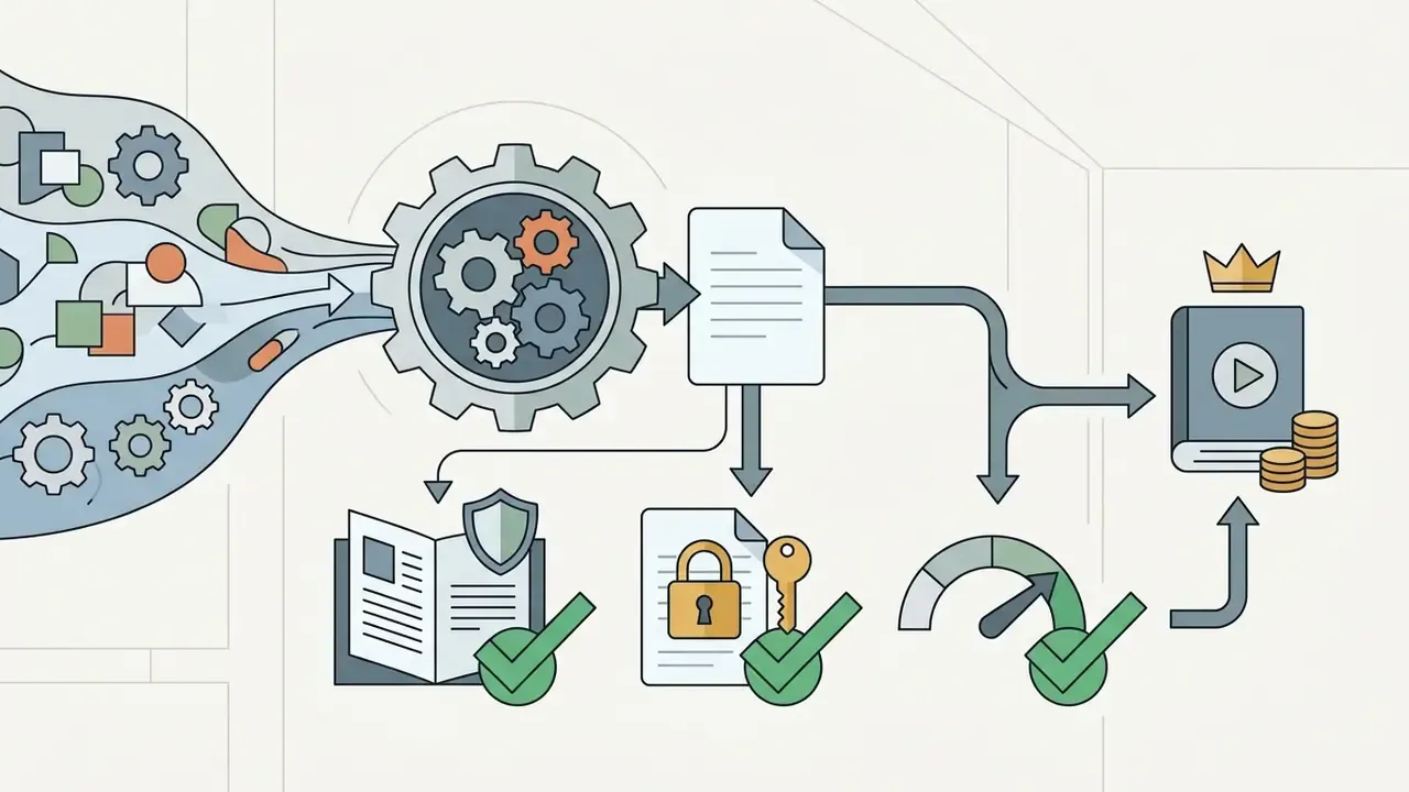 Data flowing through gears into a document that branches into ownership, security, and quality checkpoints