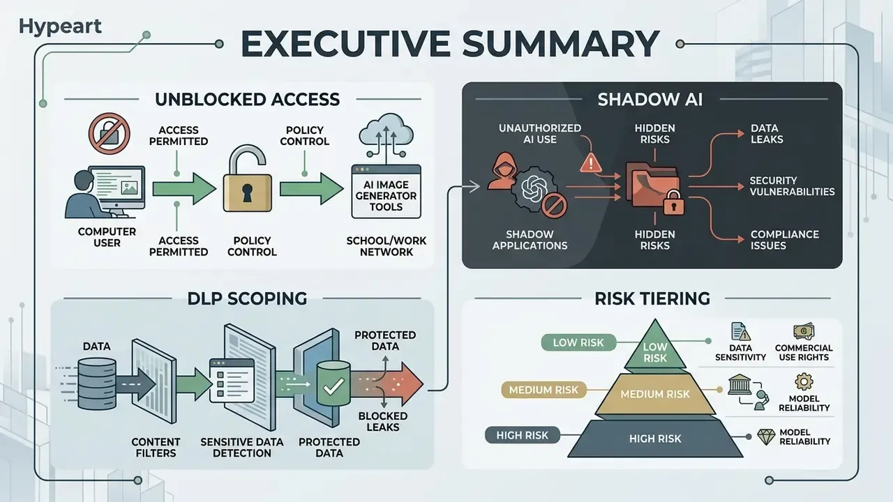 Infographic showing four sections on unblocked AI access, Shadow AI, DLP scoping, and risk tiering